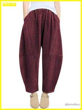 Womens Corduroy Harem Pants Baggy Wide Leg Cropped Elastic Waist Casual